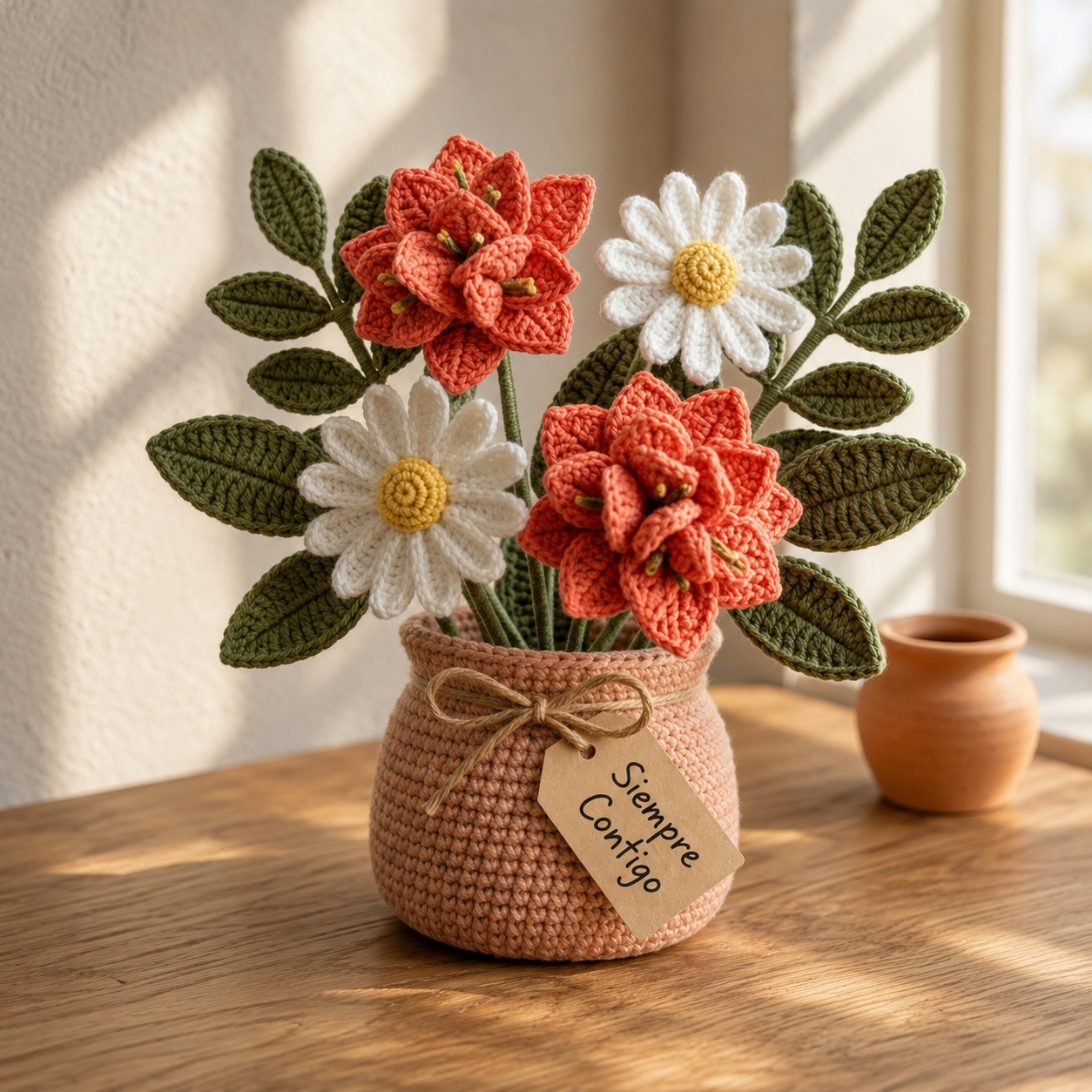 Handmade Crochet Coral Flower and Daisy Bouquet in Pot | Everlasting Floral Decor