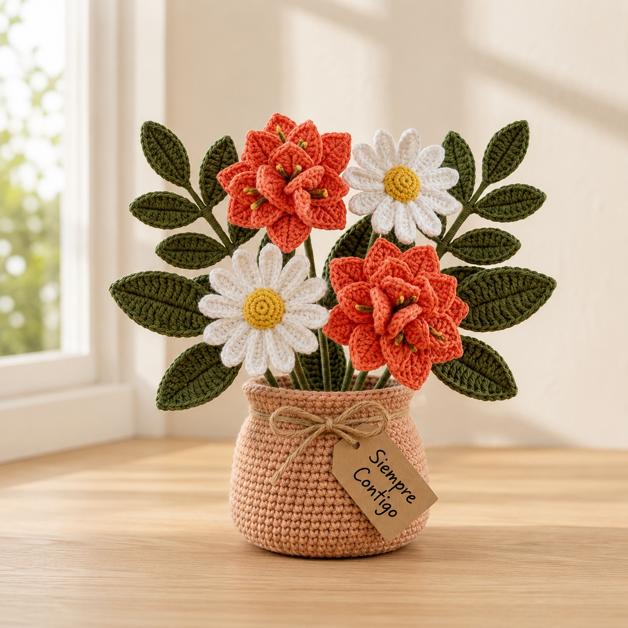Handmade Crochet Coral Flower and Daisy Bouquet in Pot | Everlasting Floral Decor