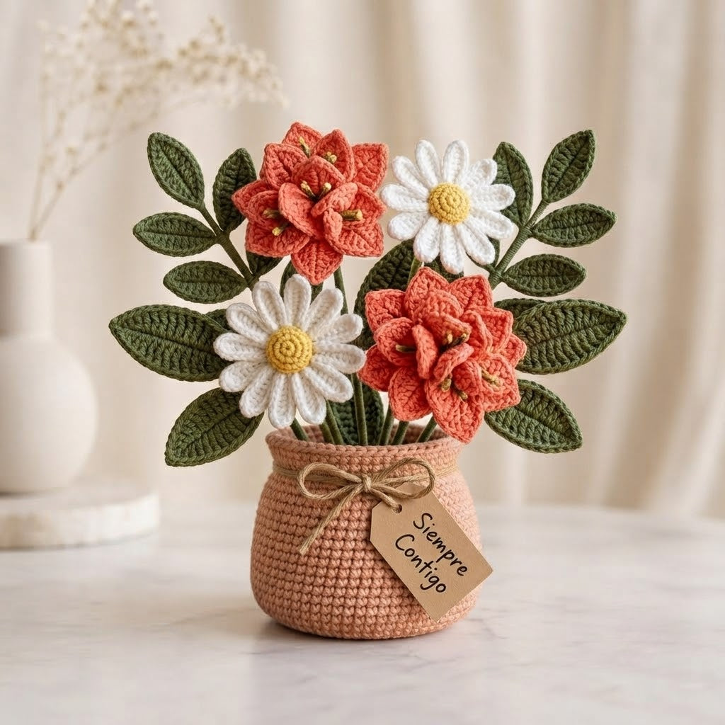 Handmade Crochet Coral Flower and Daisy Bouquet in Pot | Everlasting Floral Decor