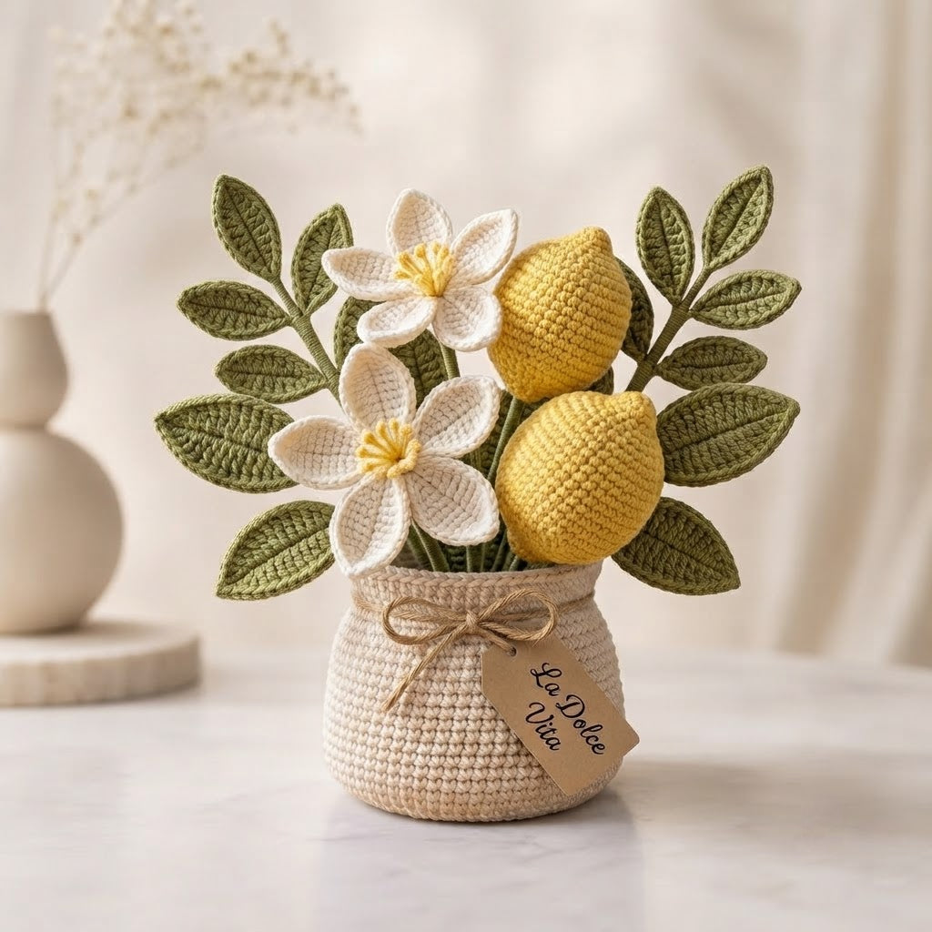 Handmade Crochet Lemon Flower Vase – Citrus Home Decor & Housewarming Gift