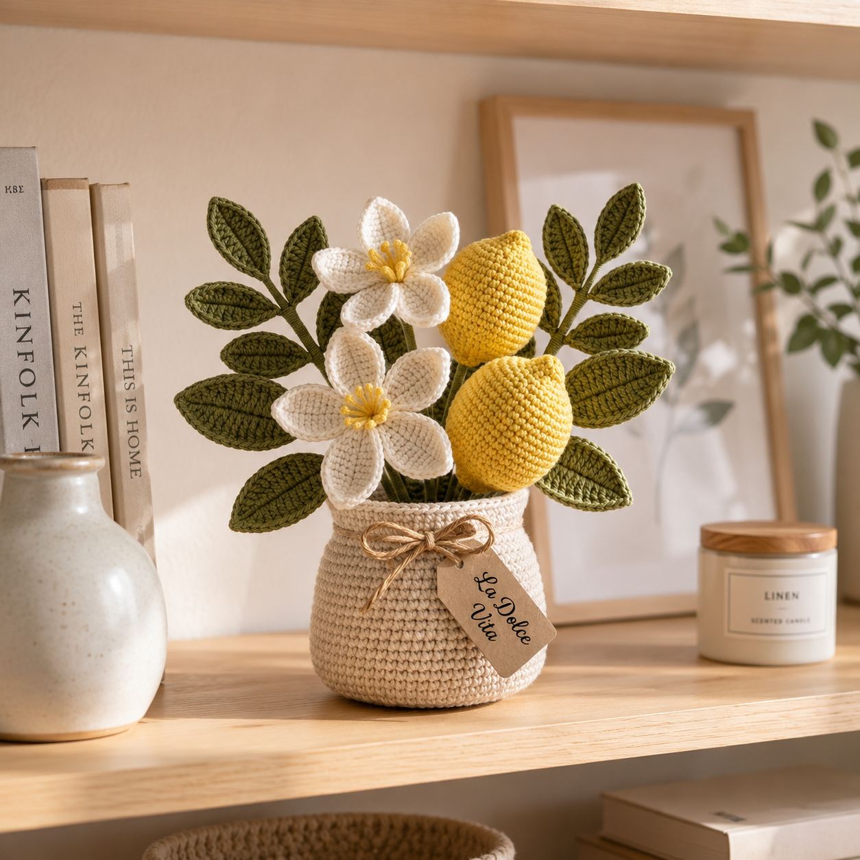 Handmade Crochet Lemon Flower Vase – Citrus Home Decor & Housewarming Gift