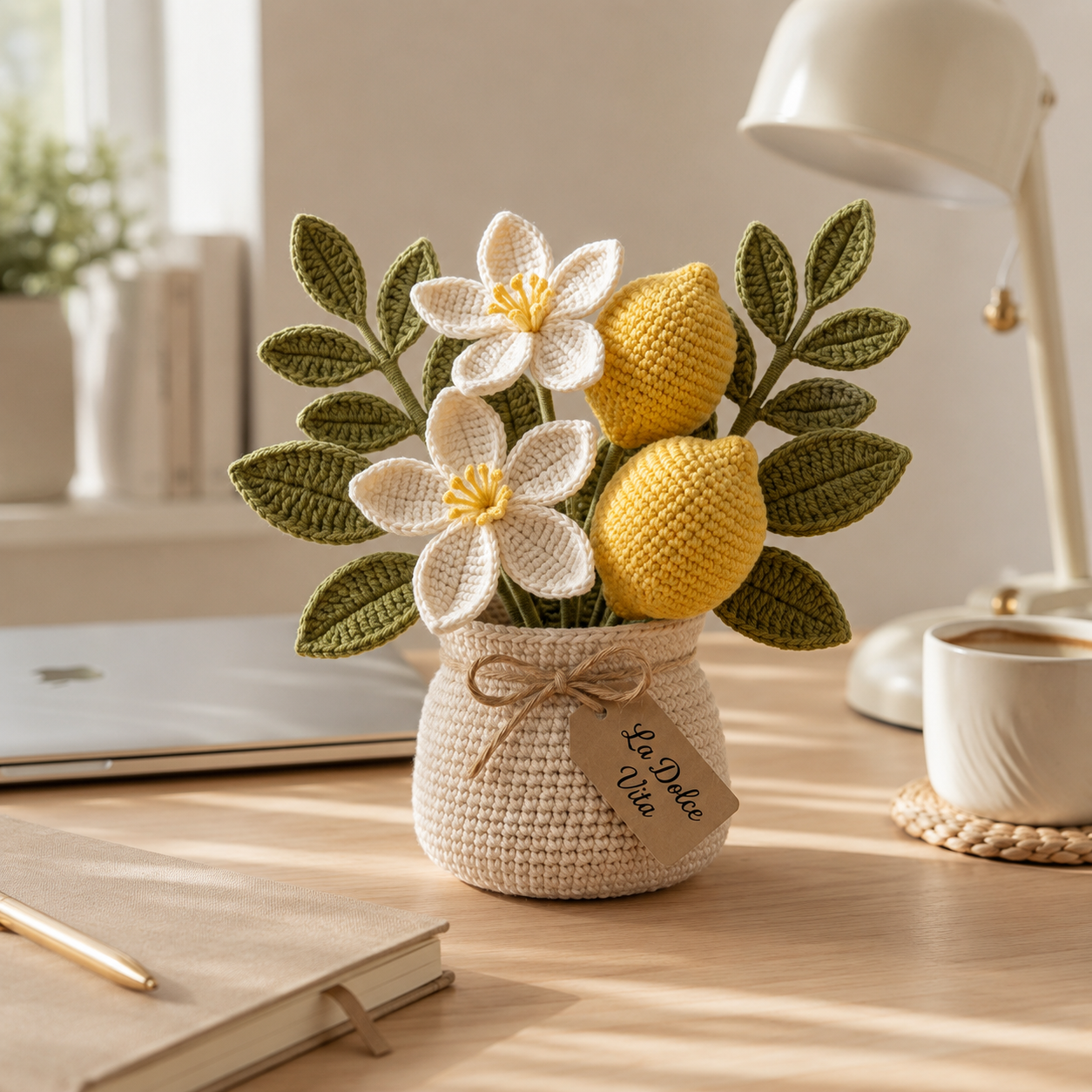 Handmade Crochet Lemon Flower Vase – Citrus Home Decor & Housewarming Gift