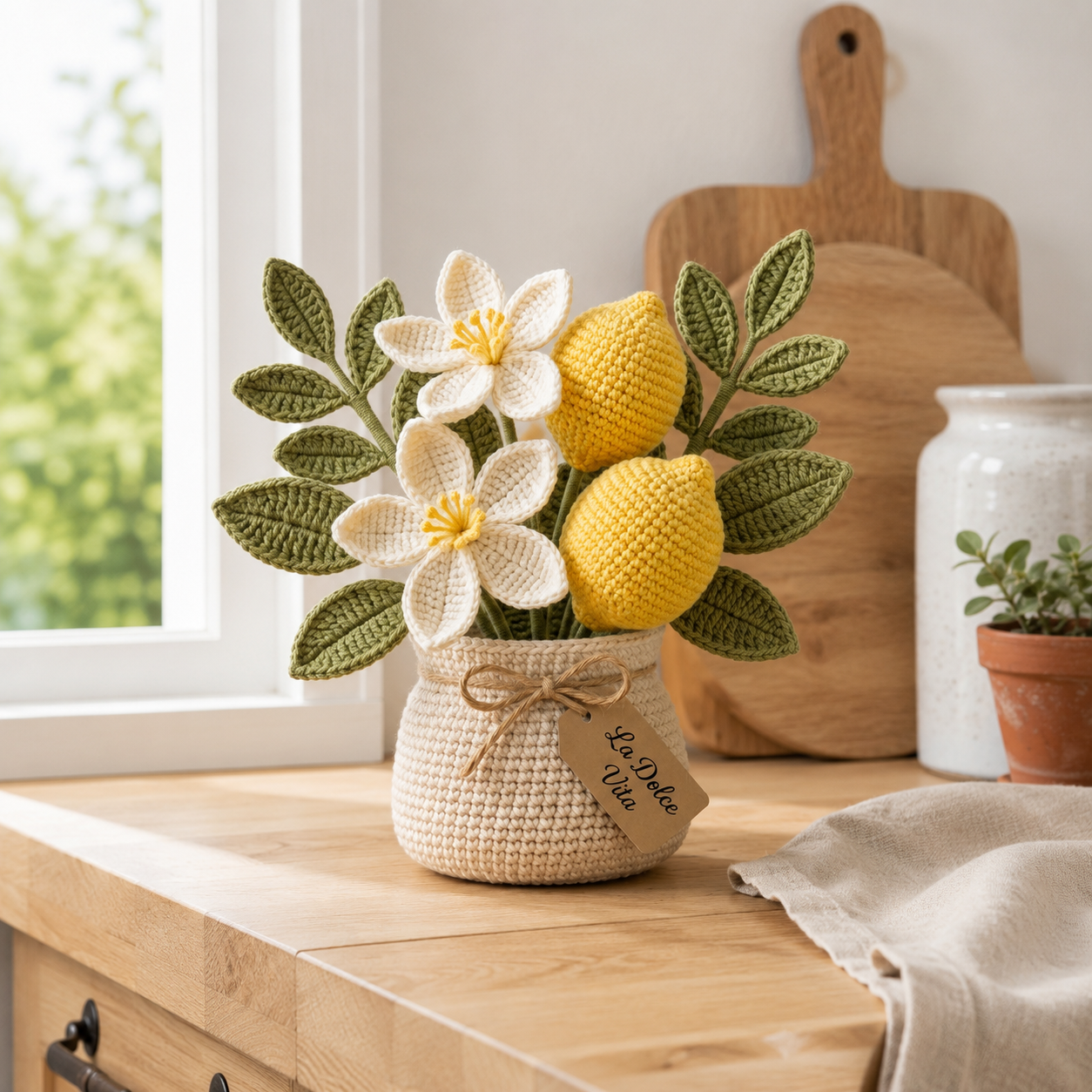 Handmade Crochet Lemon Flower Vase – Citrus Home Decor & Housewarming Gift
