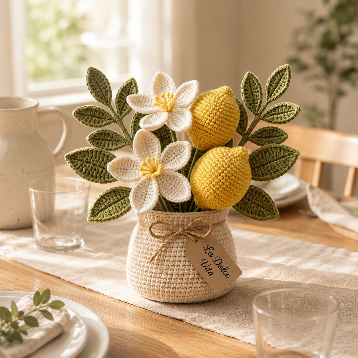 Handmade Crochet Lemon Flower Vase – Citrus Home Decor & Housewarming Gift