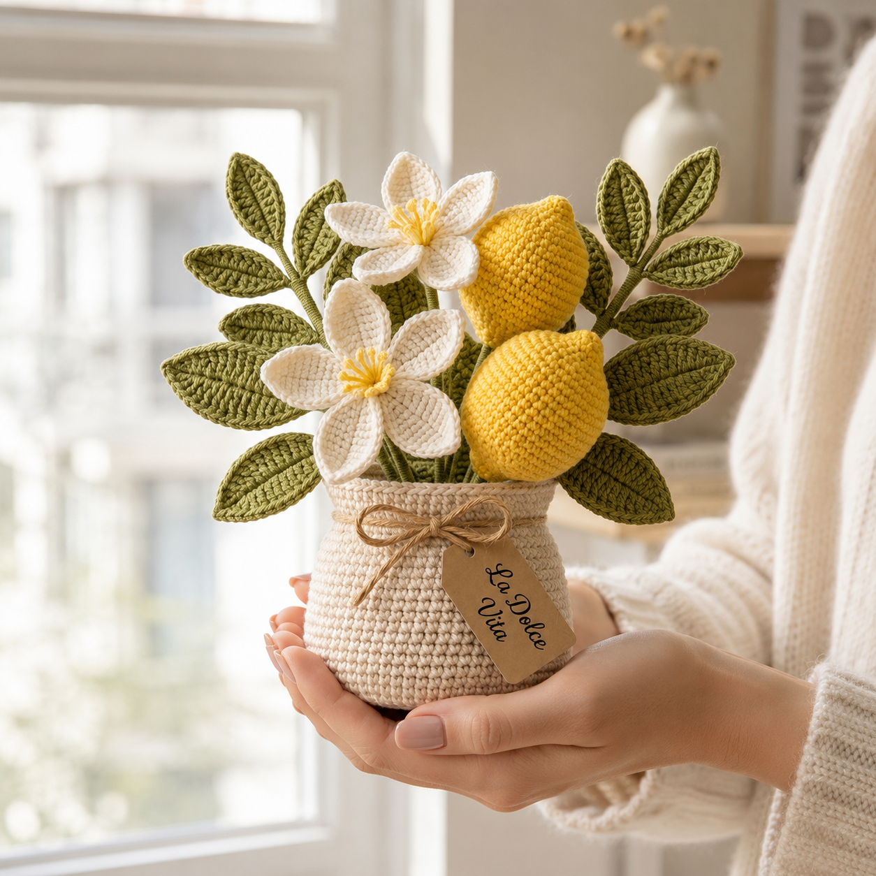 Handmade Crochet Lemon Flower Vase – Citrus Home Decor & Housewarming Gift