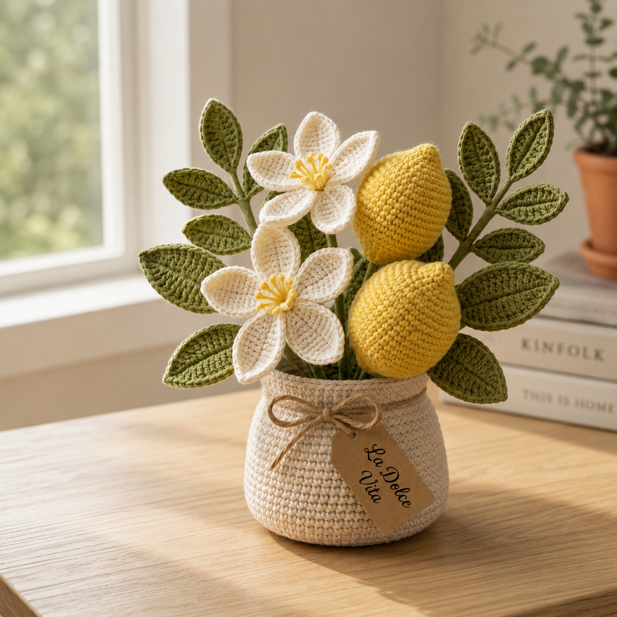 Handmade Crochet Lemon Flower Vase – Citrus Home Decor & Housewarming Gift