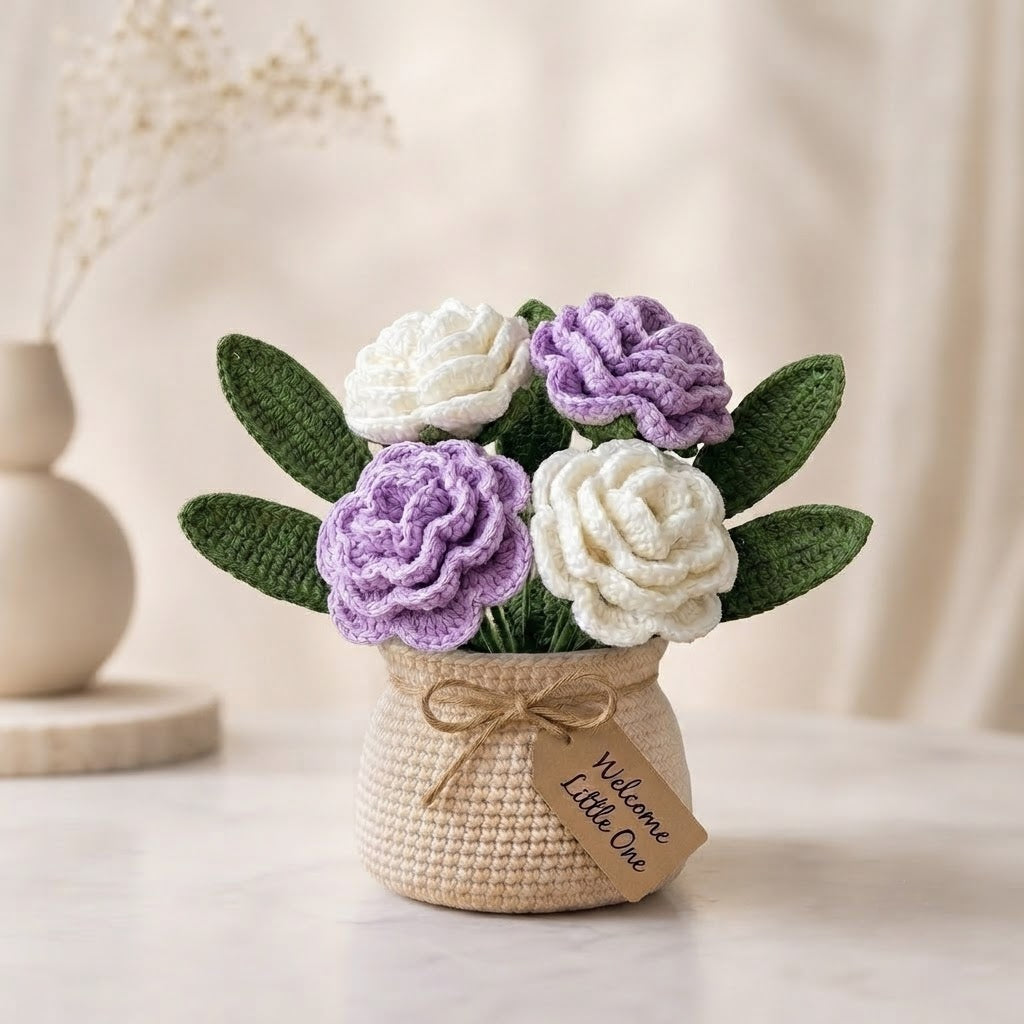 Handmade Crochet Purple and White Rose Bouquet in Pot | Everlasting Floral Decor