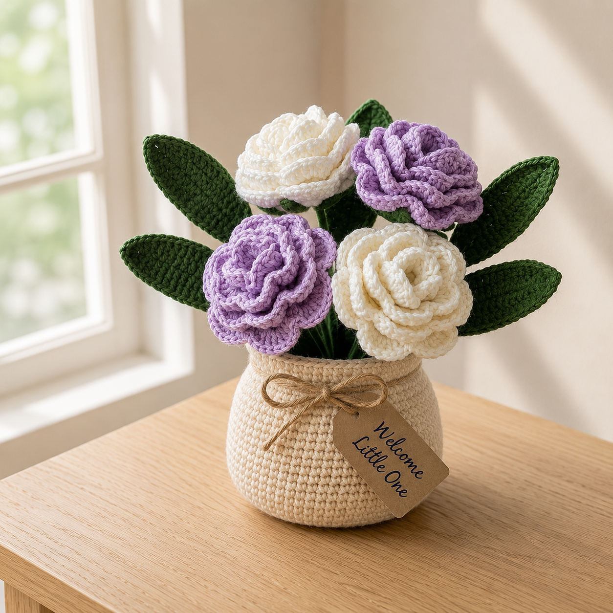 Handmade Crochet Purple and White Rose Bouquet in Pot | Everlasting Floral Decor