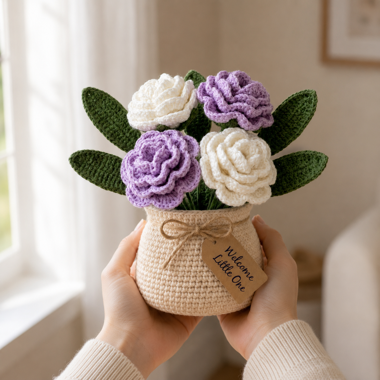 Handmade Crochet Purple and White Rose Bouquet in Pot | Everlasting Floral Decor