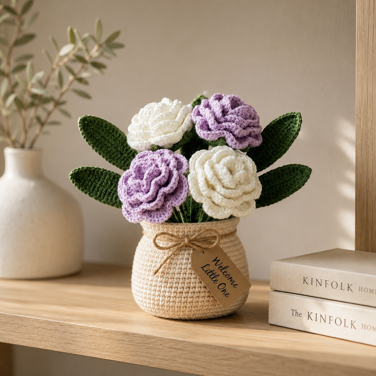 Handmade Crochet Purple and White Rose Bouquet in Pot | Everlasting Floral Decor