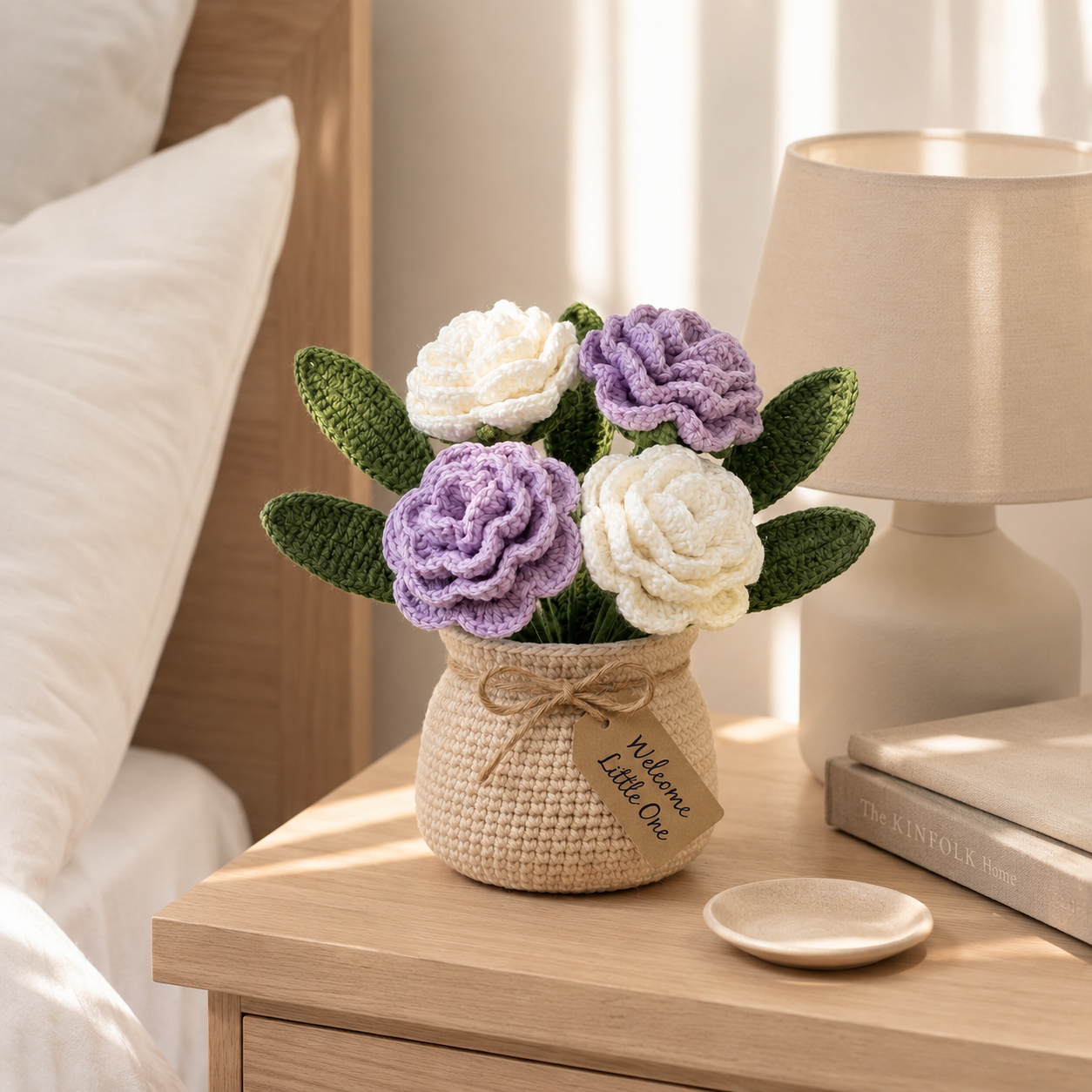 Handmade Crochet Purple and White Rose Bouquet in Pot | Everlasting Floral Decor