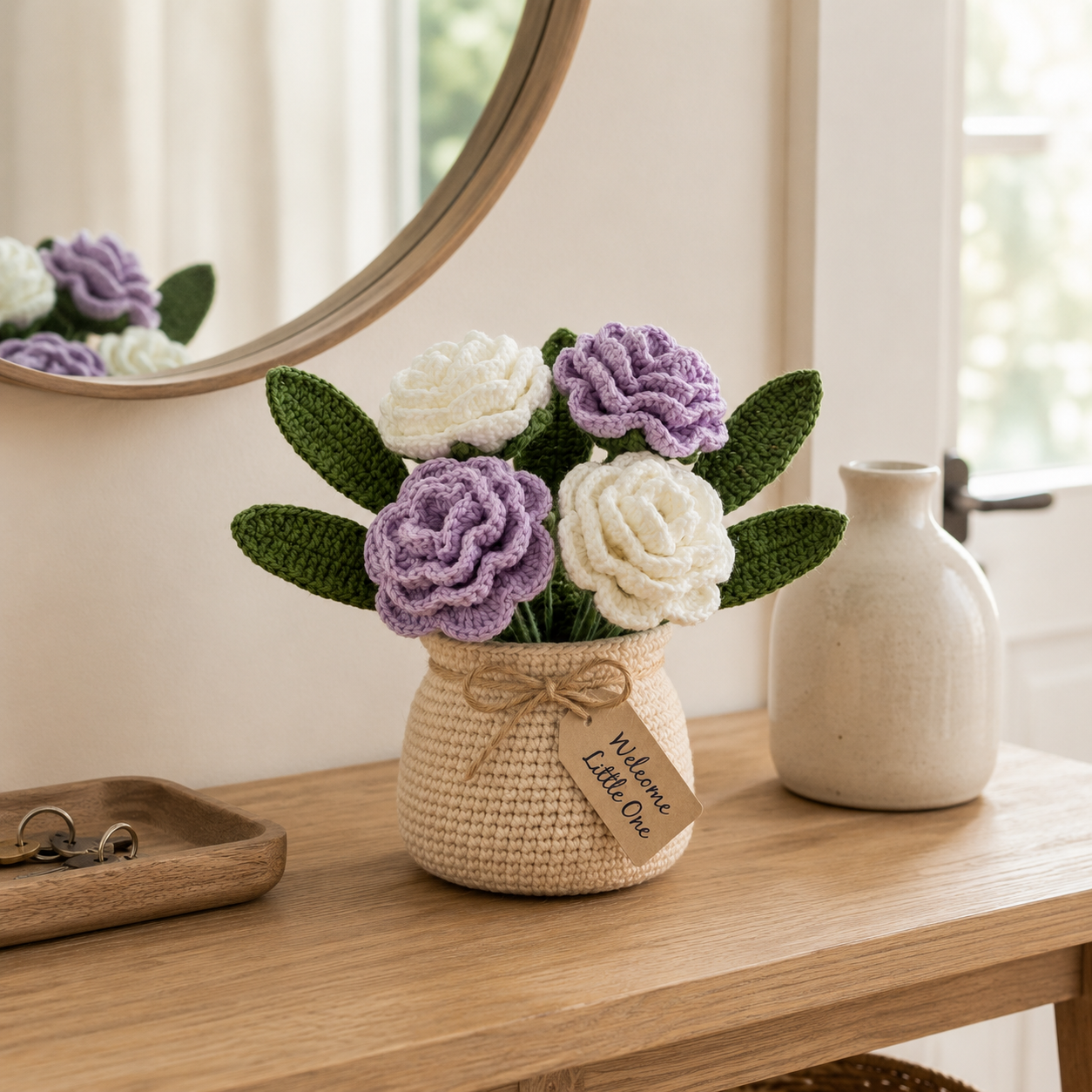 Handmade Crochet Purple and White Rose Bouquet in Pot | Everlasting Floral Decor