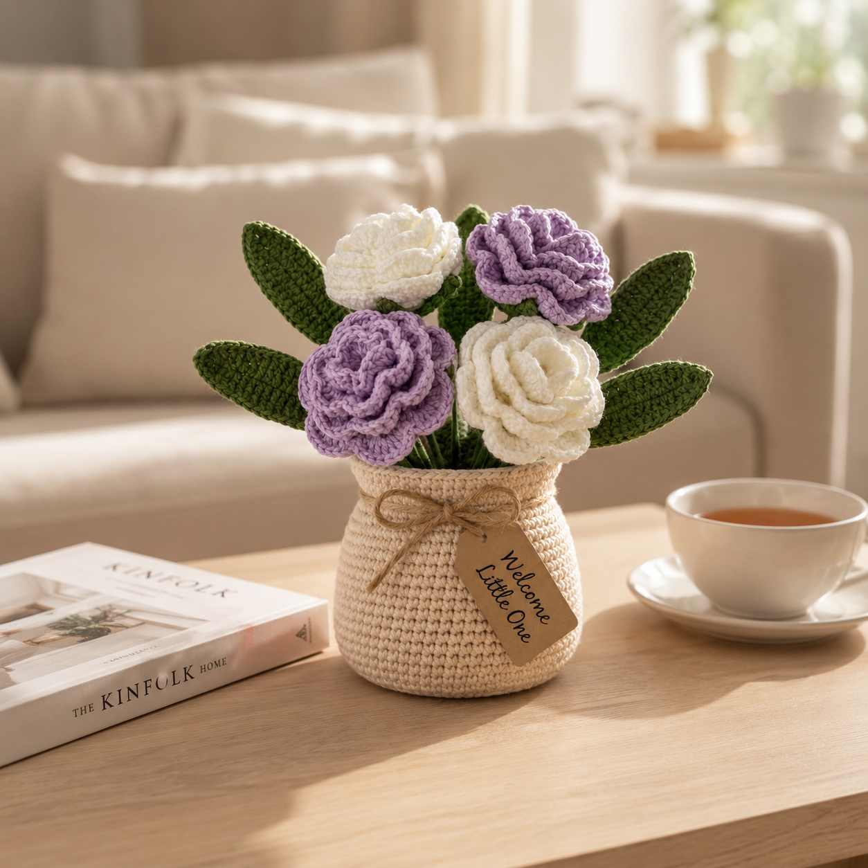 Handmade Crochet Purple and White Rose Bouquet in Pot | Everlasting Floral Decor