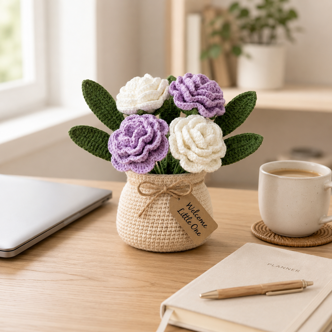 Handmade Crochet Purple and White Rose Bouquet in Pot | Everlasting Floral Decor