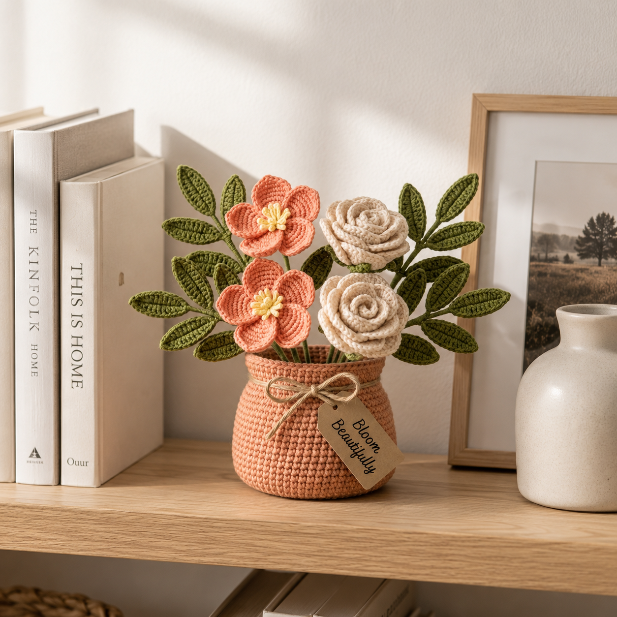 Handmade Crochet Peach Blossom and Rose Bouquet in Pot | Everlasting Floral Decor