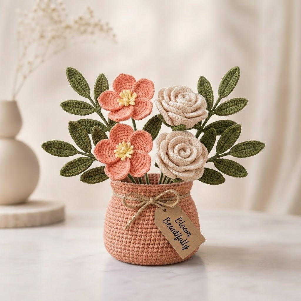 Handmade Crochet Peach Blossom and Rose Bouquet in Pot | Everlasting Floral Decor
