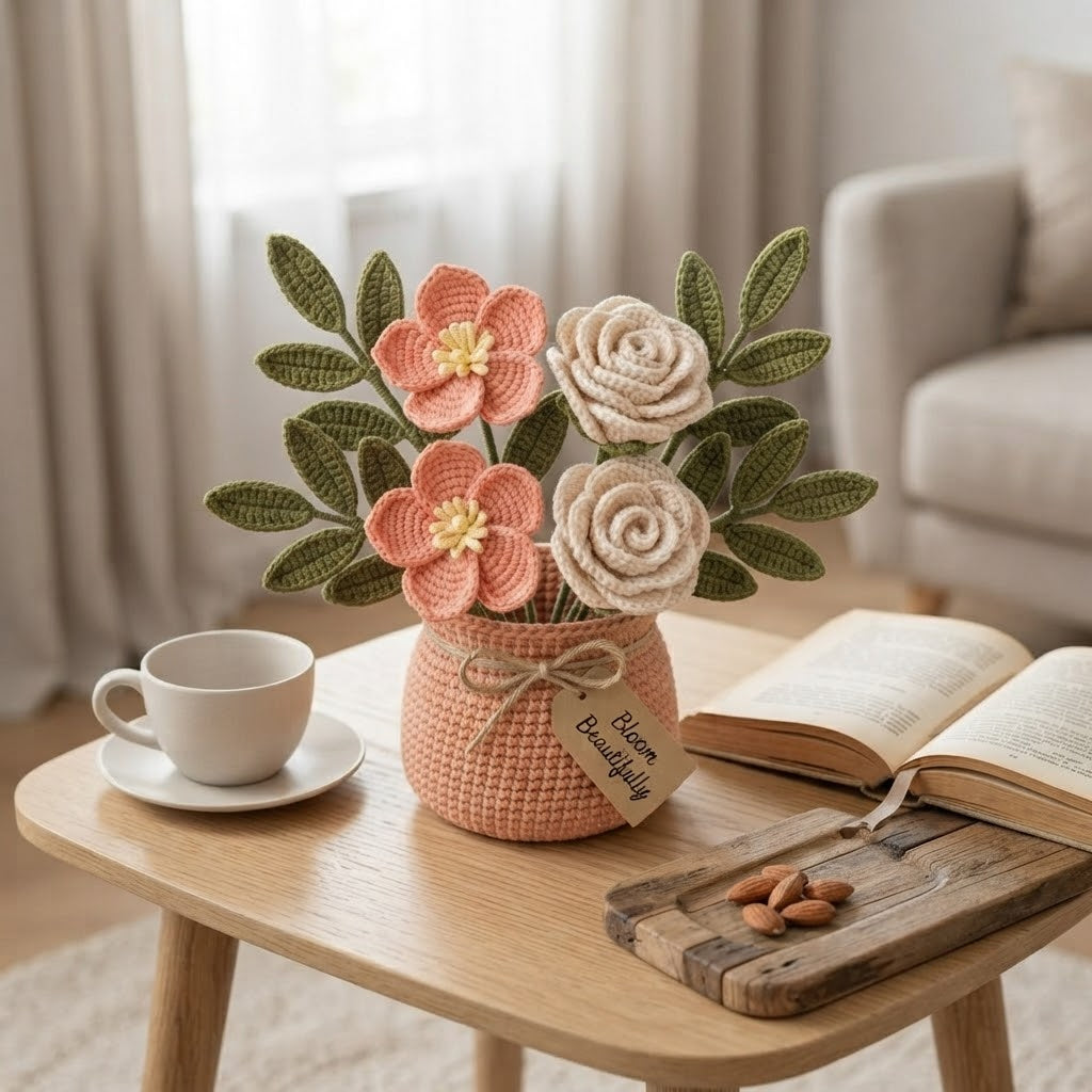 Handmade Crochet Peach Blossom and Rose Bouquet in Pot | Everlasting Floral Decor