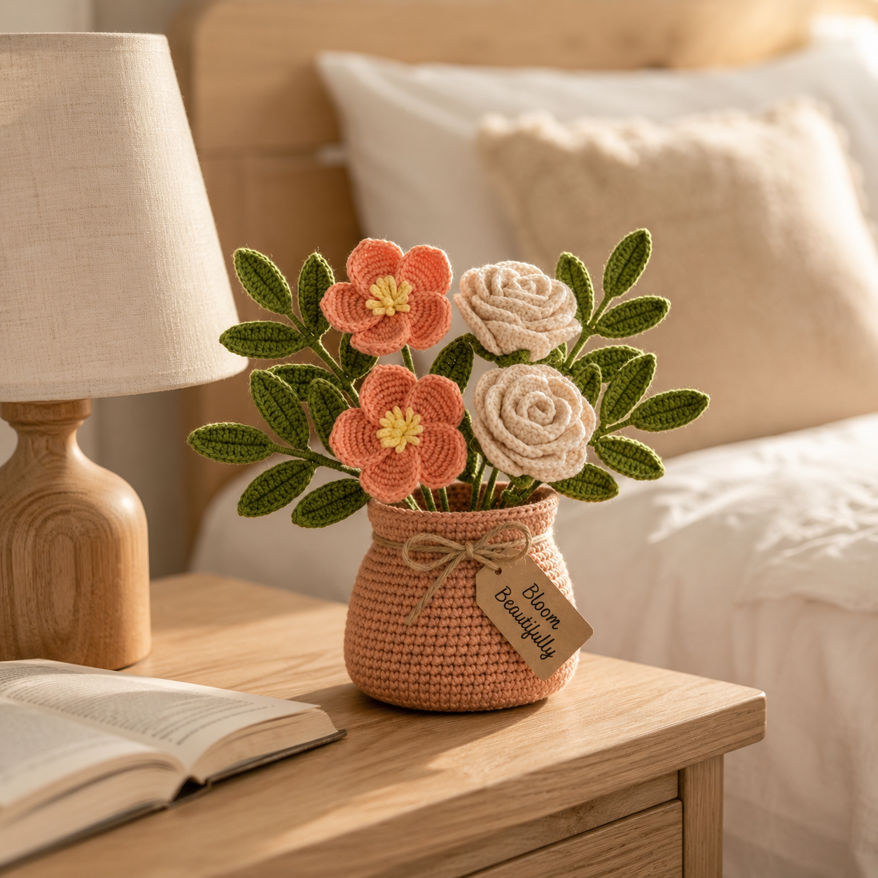 Handmade Crochet Peach Blossom and Rose Bouquet in Pot | Everlasting Floral Decor