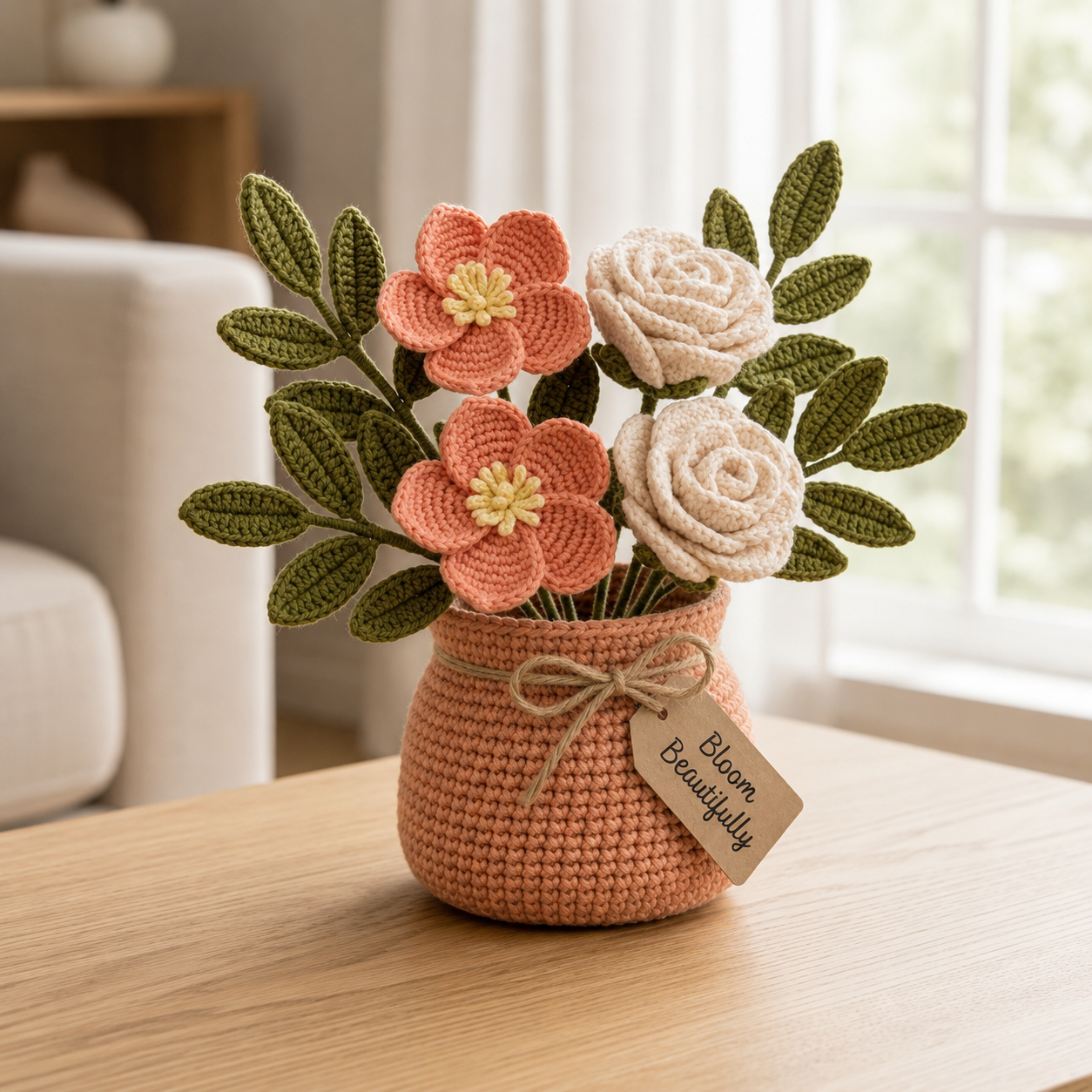 Handmade Crochet Peach Blossom and Rose Bouquet in Pot | Everlasting Floral Decor