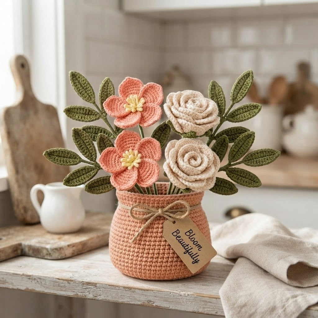 Handmade Crochet Peach Blossom and Rose Bouquet in Pot | Everlasting Floral Decor