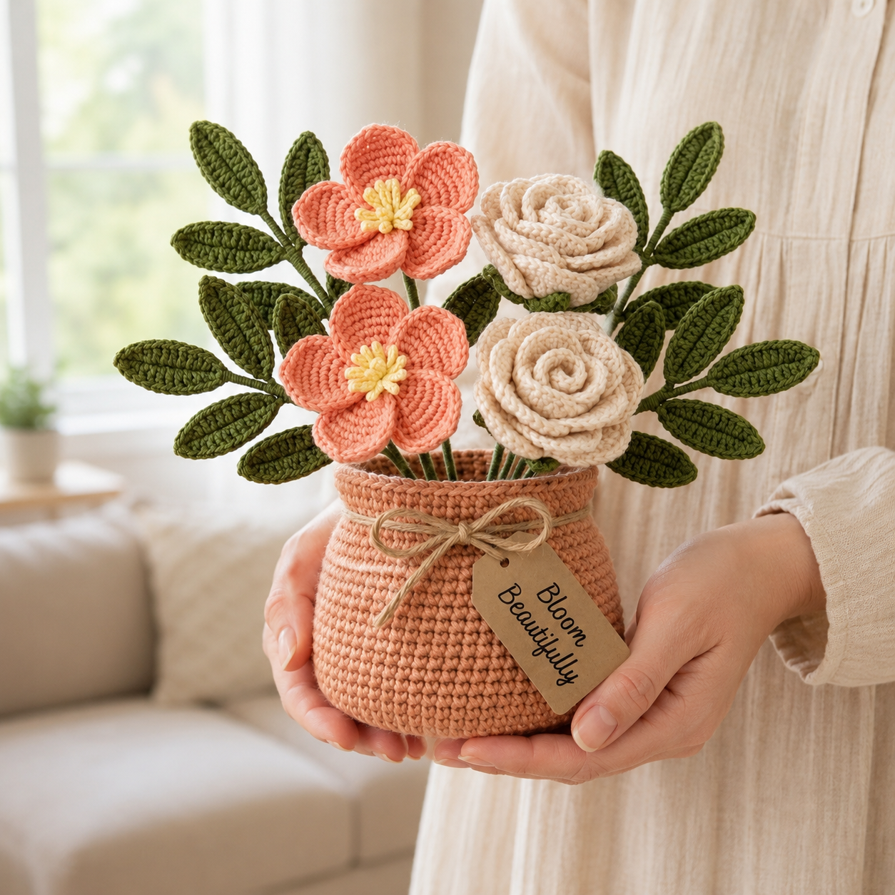 Handmade Crochet Peach Blossom and Rose Bouquet in Pot | Everlasting Floral Decor