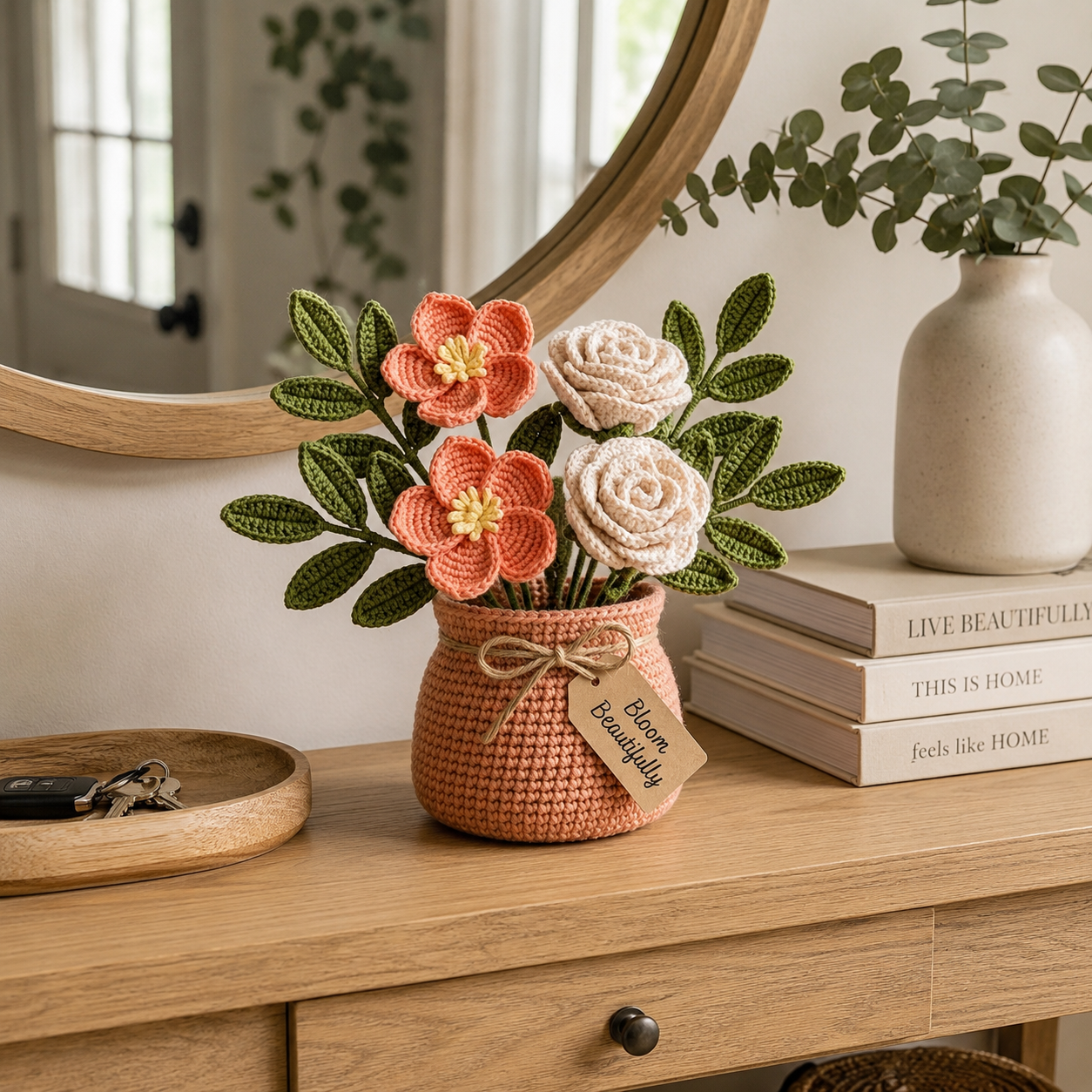 Handmade Crochet Peach Blossom and Rose Bouquet in Pot | Everlasting Floral Decor