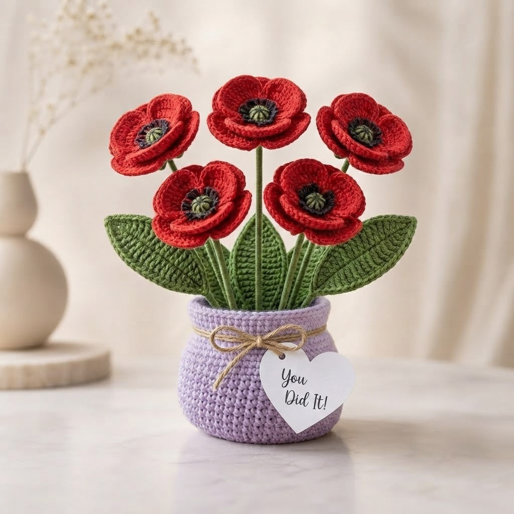 Handmade Crochet Red Poppy Flower Vase – Congratulations Gift & Home Decor