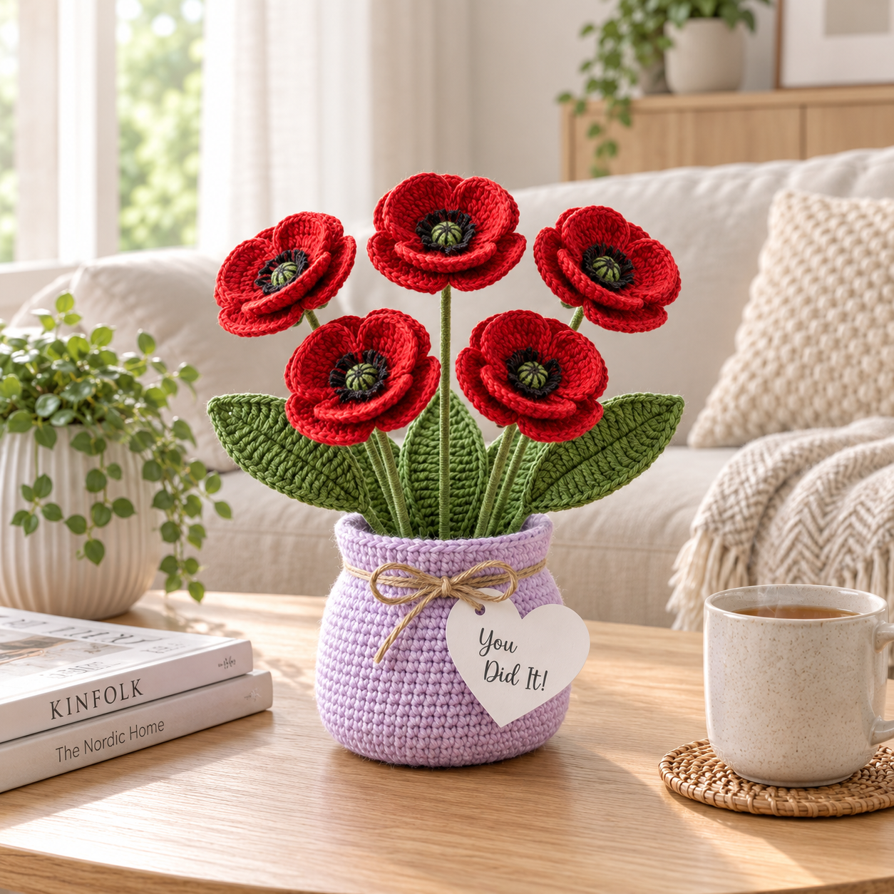 Handmade Crochet Red Poppy Flower Vase – Congratulations Gift & Home Decor