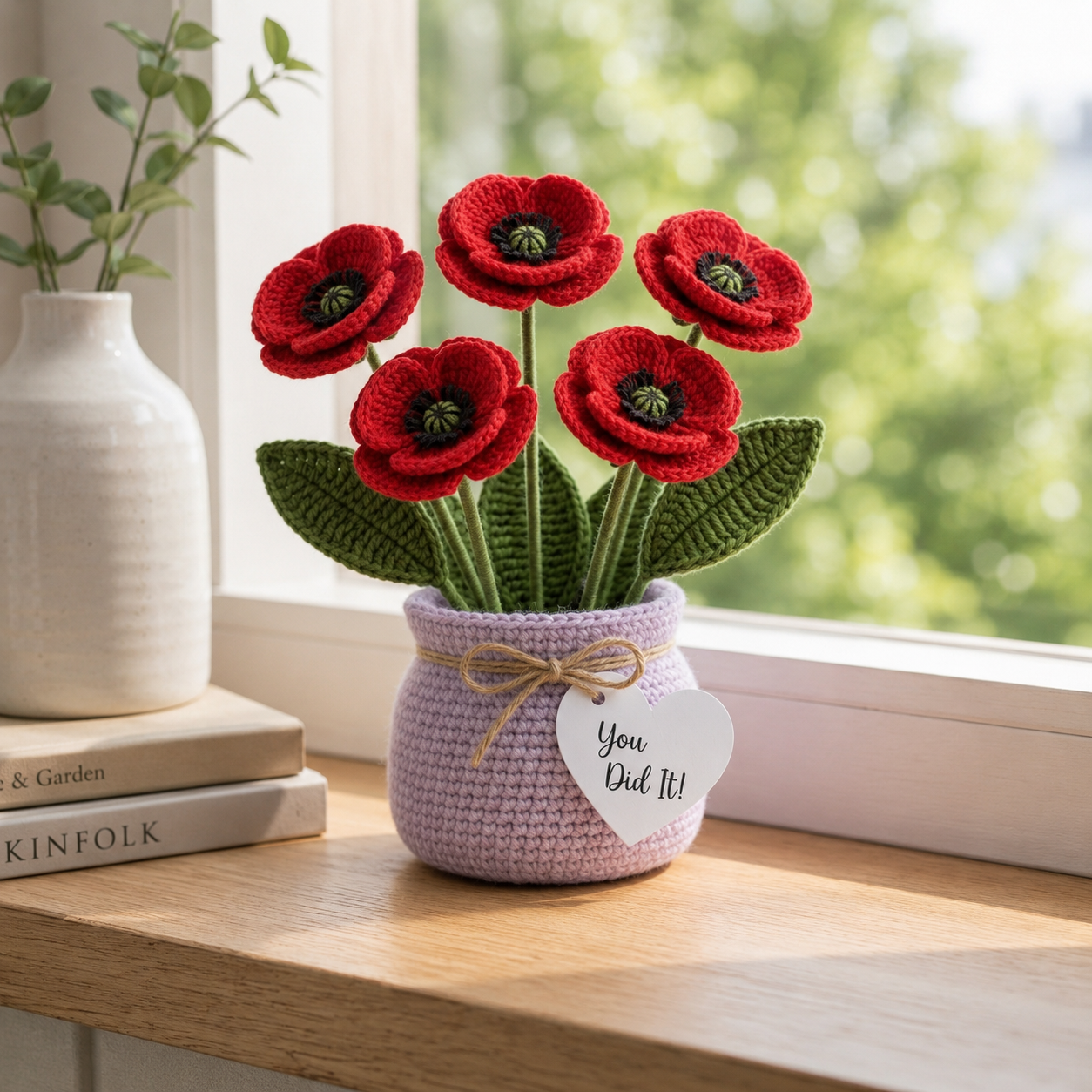 Handmade Crochet Red Poppy Flower Vase – Congratulations Gift & Home Decor