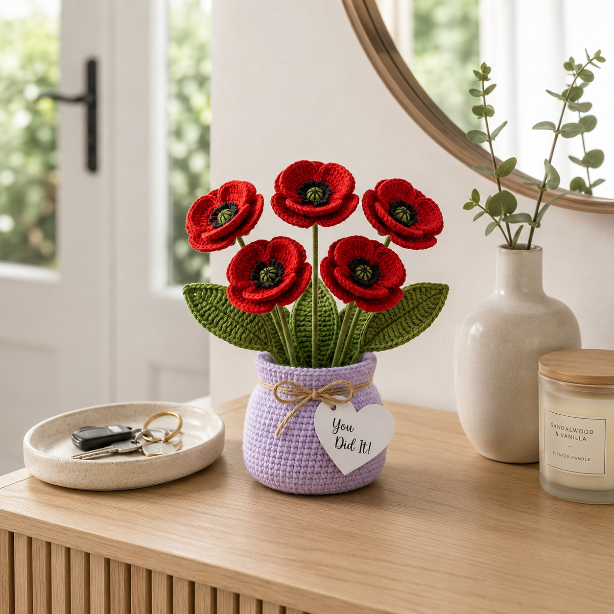 Handmade Crochet Red Poppy Flower Vase – Congratulations Gift & Home Decor