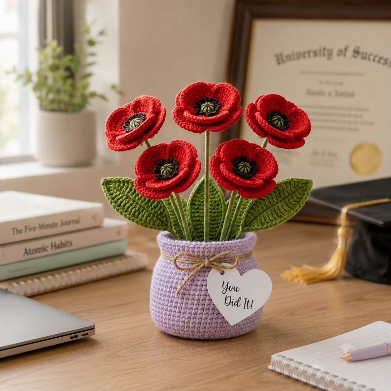 Handmade Crochet Red Poppy Flower Vase – Congratulations Gift & Home Decor