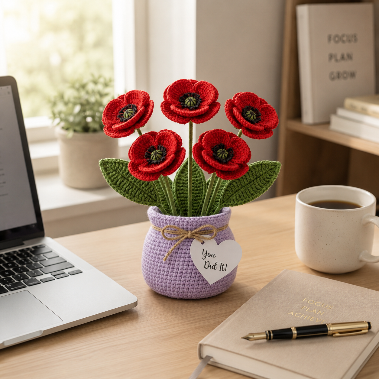 Handmade Crochet Red Poppy Flower Vase – Congratulations Gift & Home Decor