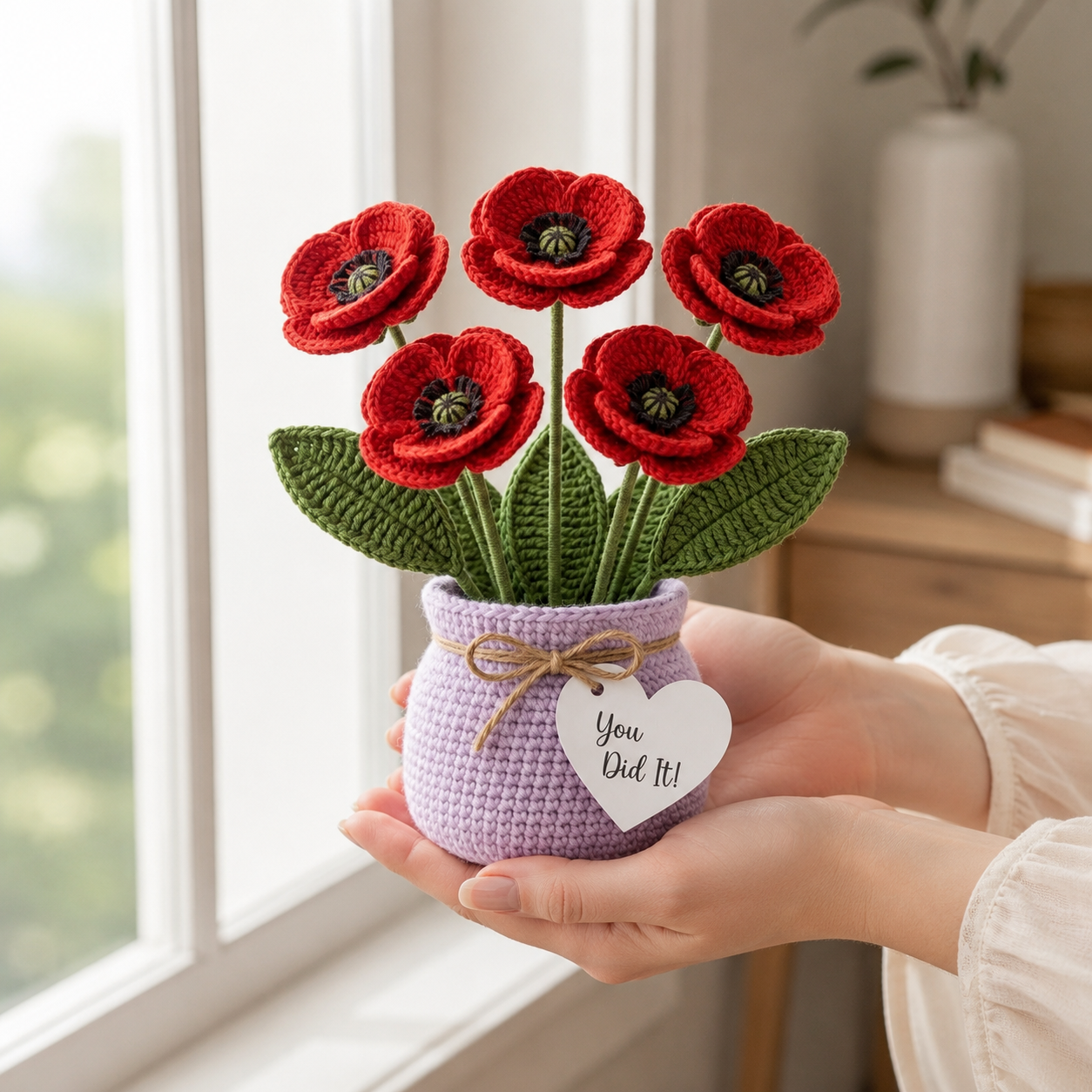 Handmade Crochet Red Poppy Flower Vase – Congratulations Gift & Home Decor