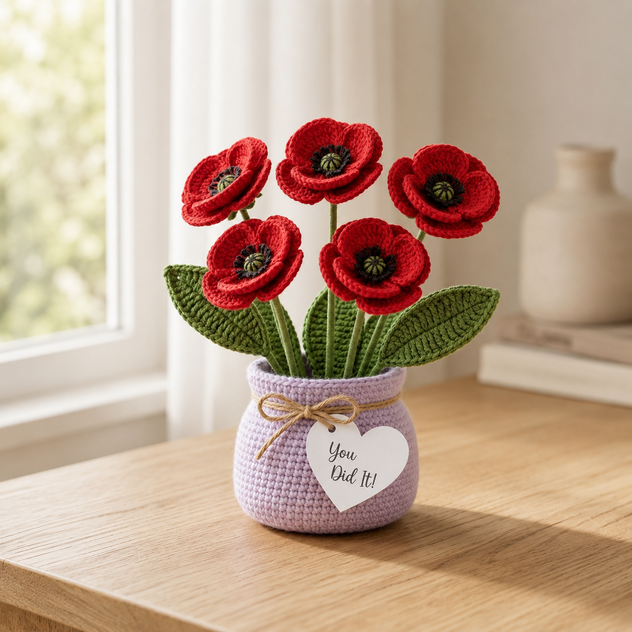 Handmade Crochet Red Poppy Flower Vase – Congratulations Gift & Home Decor