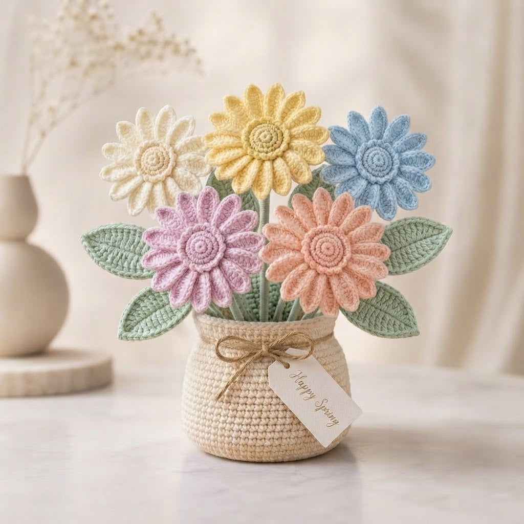 Handmade Crochet Pastel Daisy Flower Vase – Floral Home Decor Gift