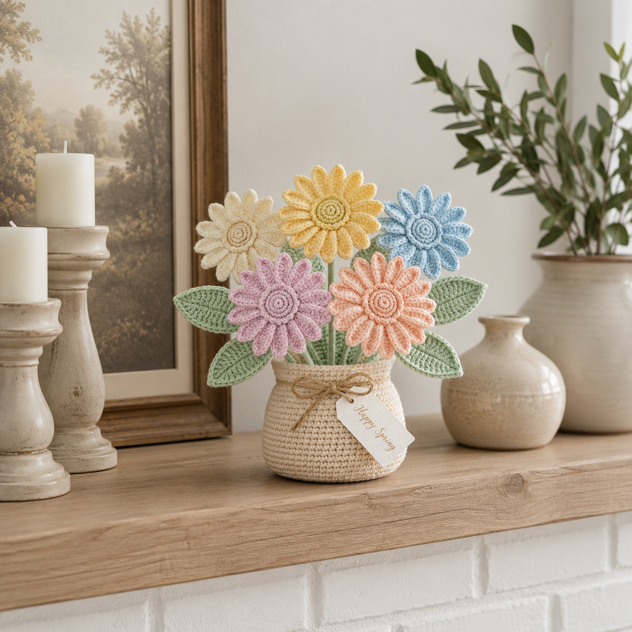 Handmade Crochet Pastel Daisy Flower Vase – Floral Home Decor Gift