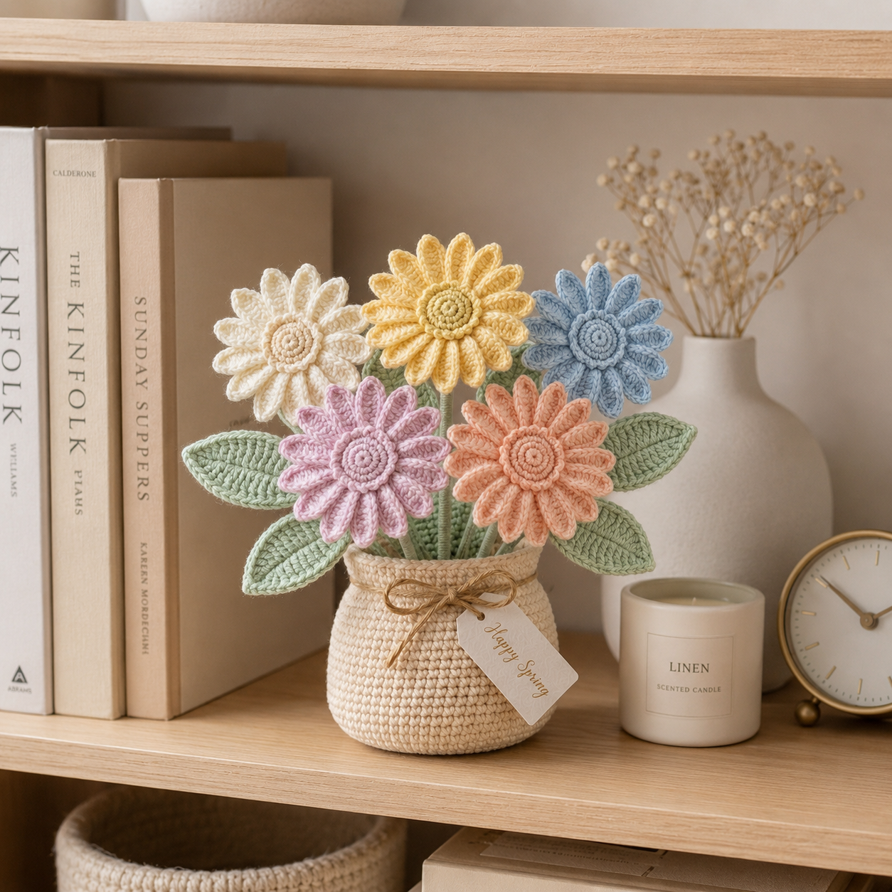 Handmade Crochet Pastel Daisy Flower Vase – Floral Home Decor Gift
