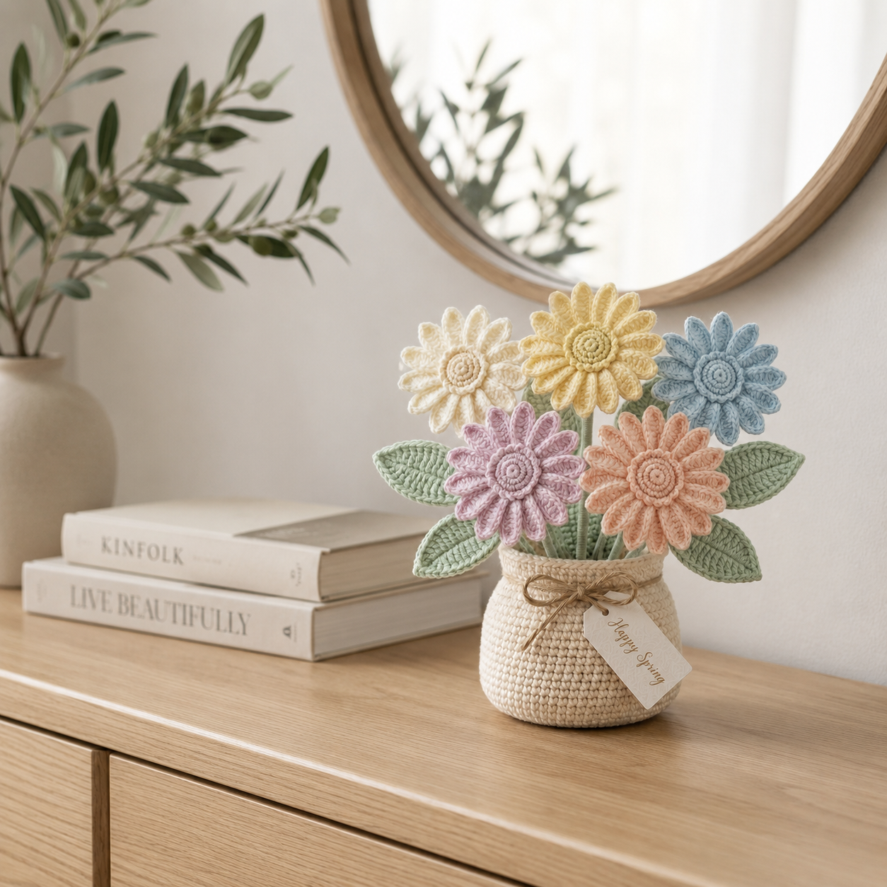 Handmade Crochet Pastel Daisy Flower Vase – Floral Home Decor Gift
