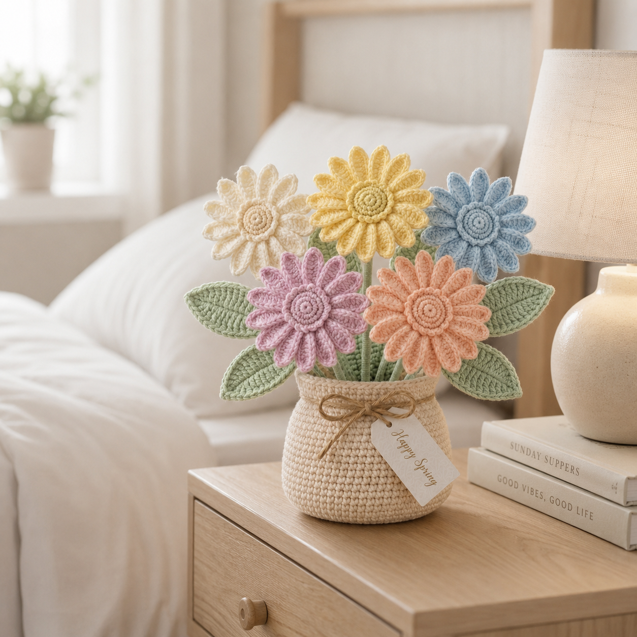 Handmade Crochet Pastel Daisy Flower Vase – Floral Home Decor Gift