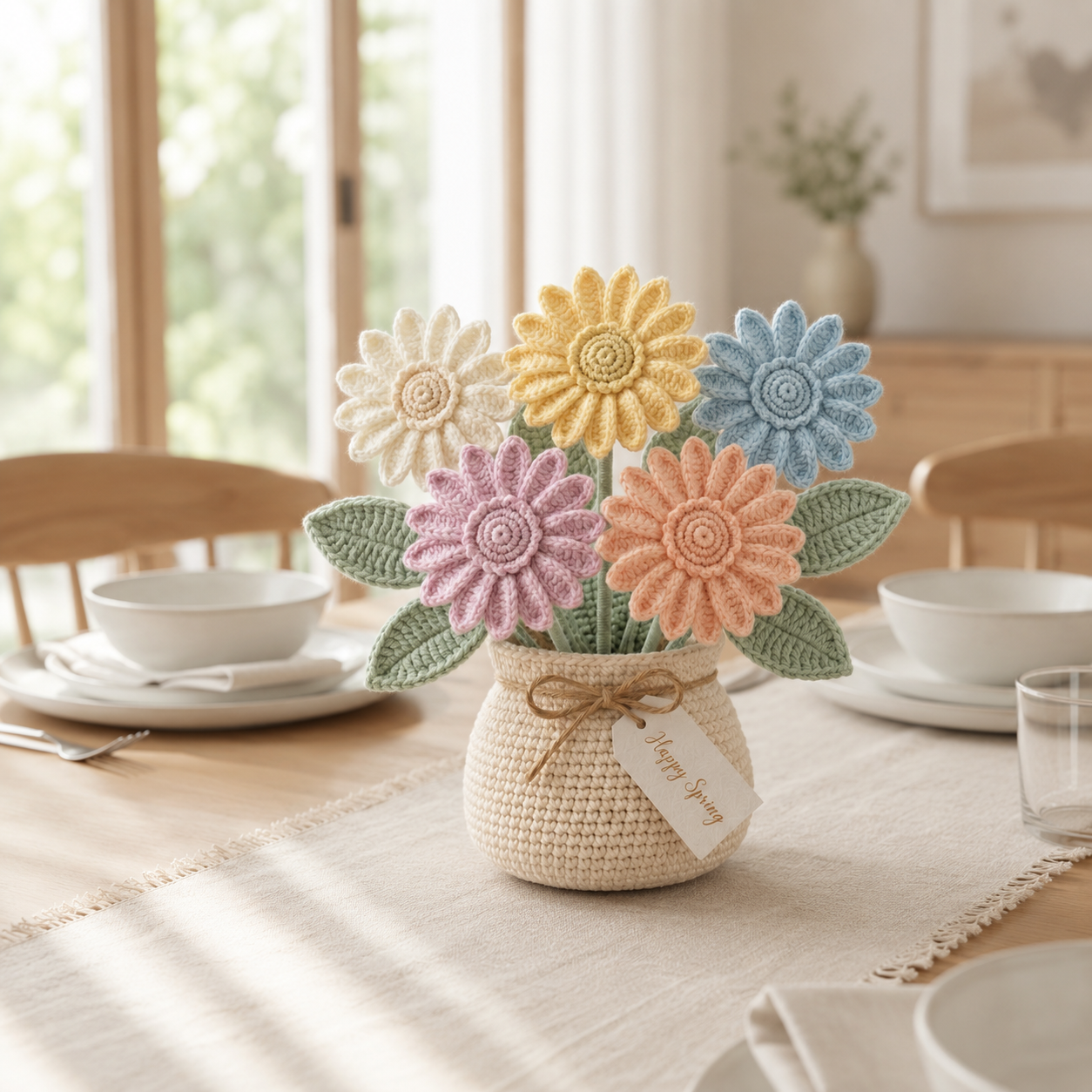 Handmade Crochet Pastel Daisy Flower Vase – Floral Home Decor Gift