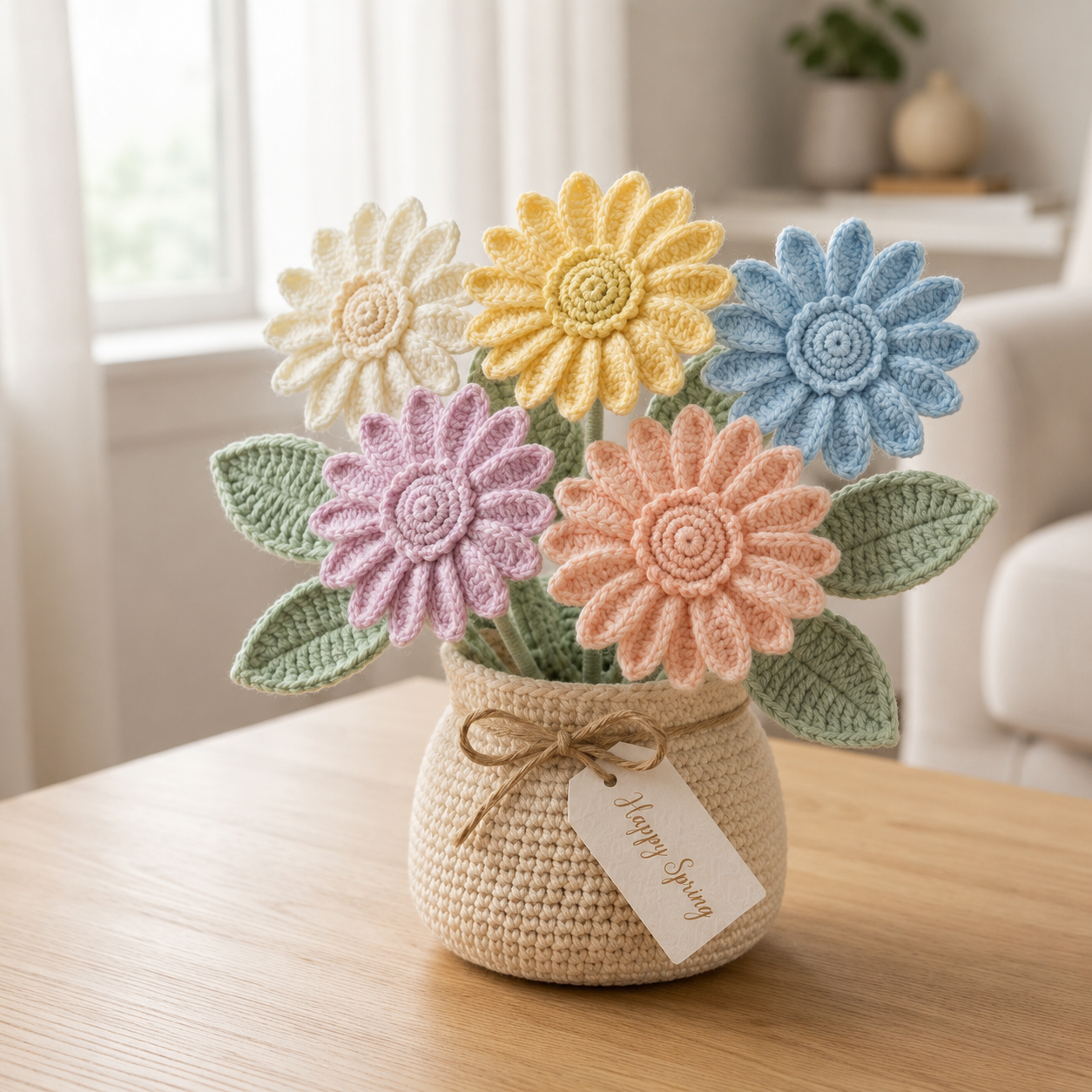 Handmade Crochet Pastel Daisy Flower Vase – Floral Home Decor Gift