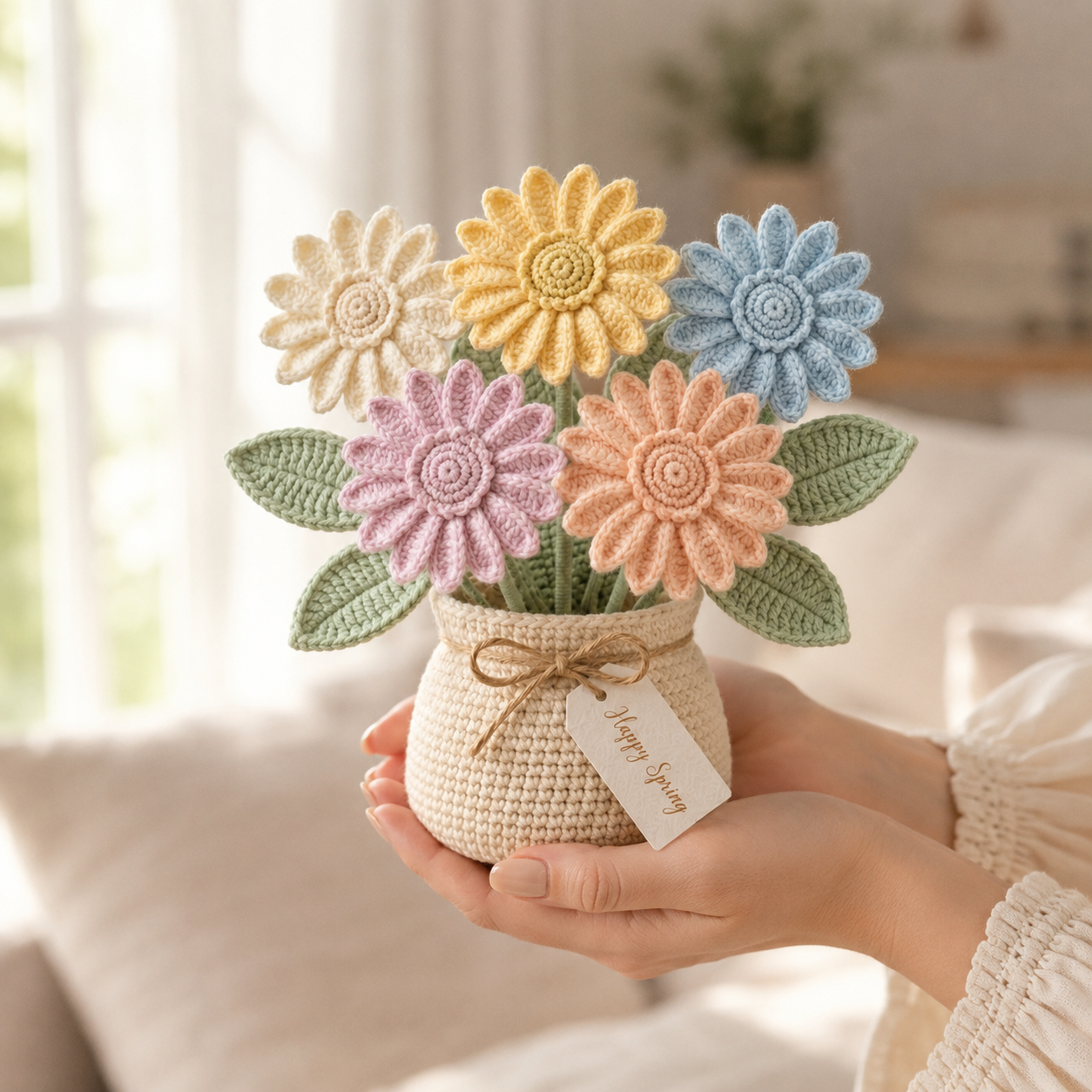 Handmade Crochet Pastel Daisy Flower Vase – Floral Home Decor Gift