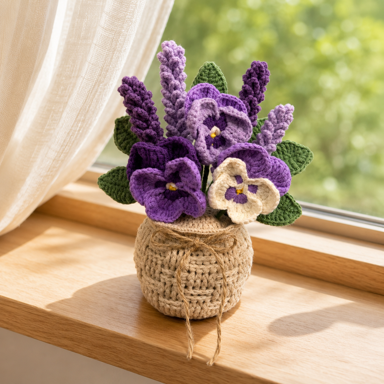 Crochet Lavender & Pansy Arrangement – Handmade Floral Basket