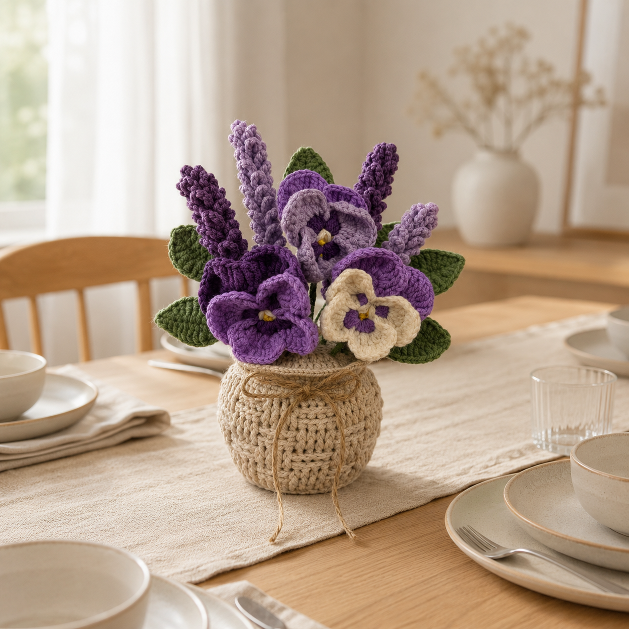 Crochet Lavender & Pansy Arrangement – Handmade Floral Basket