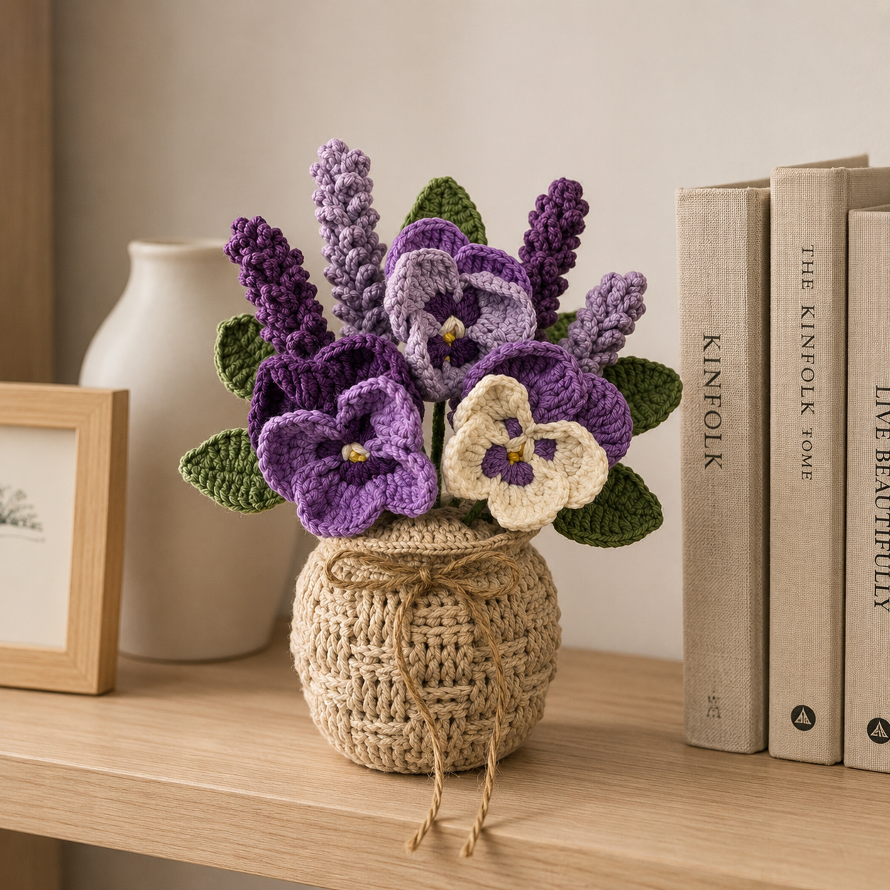 Crochet Lavender & Pansy Arrangement – Handmade Floral Basket