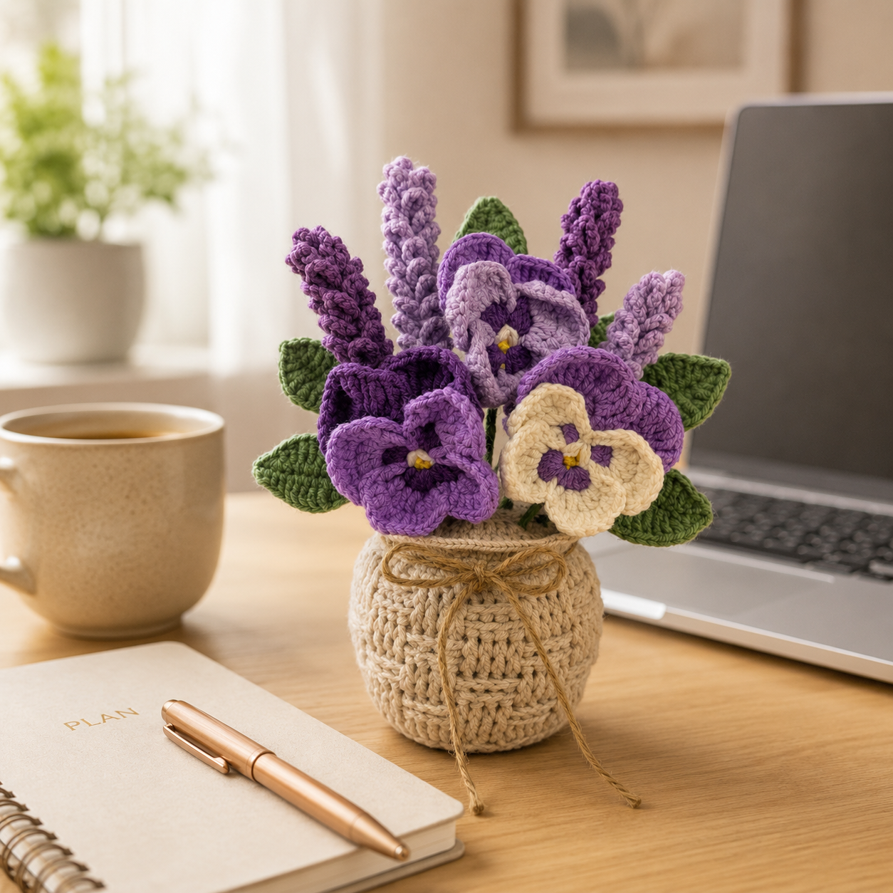 Crochet Lavender & Pansy Arrangement – Handmade Floral Basket