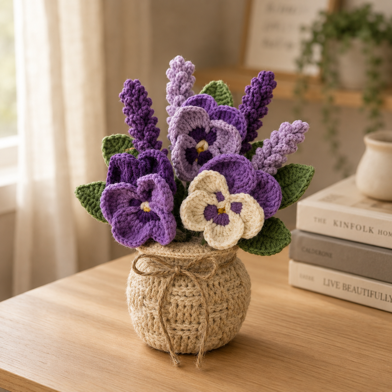 Crochet Lavender & Pansy Arrangement – Handmade Floral Basket
