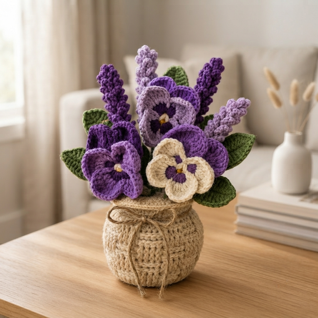 Crochet Lavender & Pansy Arrangement – Handmade Floral Basket