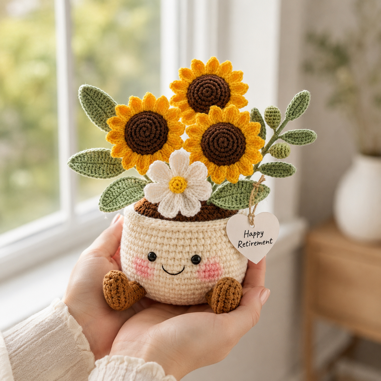 Handmade Crochet Sunflower Flower Pot – Retirement Gift & Home Decor