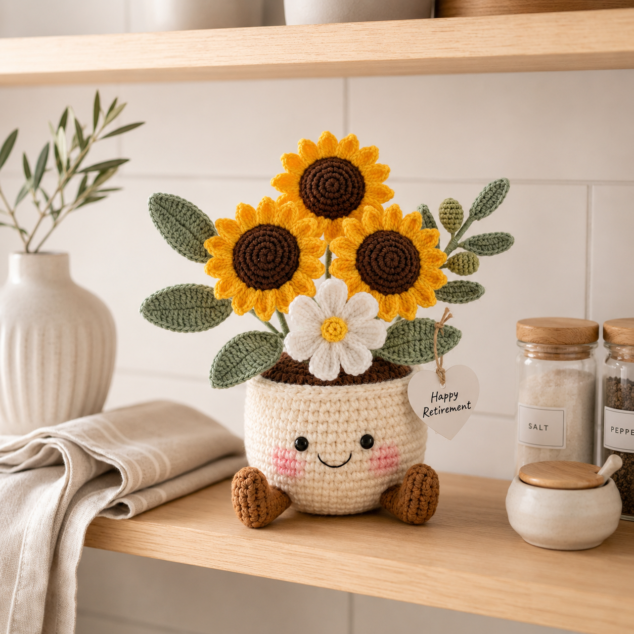 Handmade Crochet Sunflower Flower Pot – Retirement Gift & Home Decor